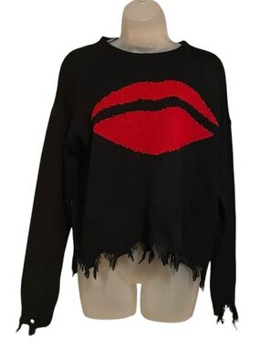 Runway Lip Fringe Frayed Sweater Size L EUC